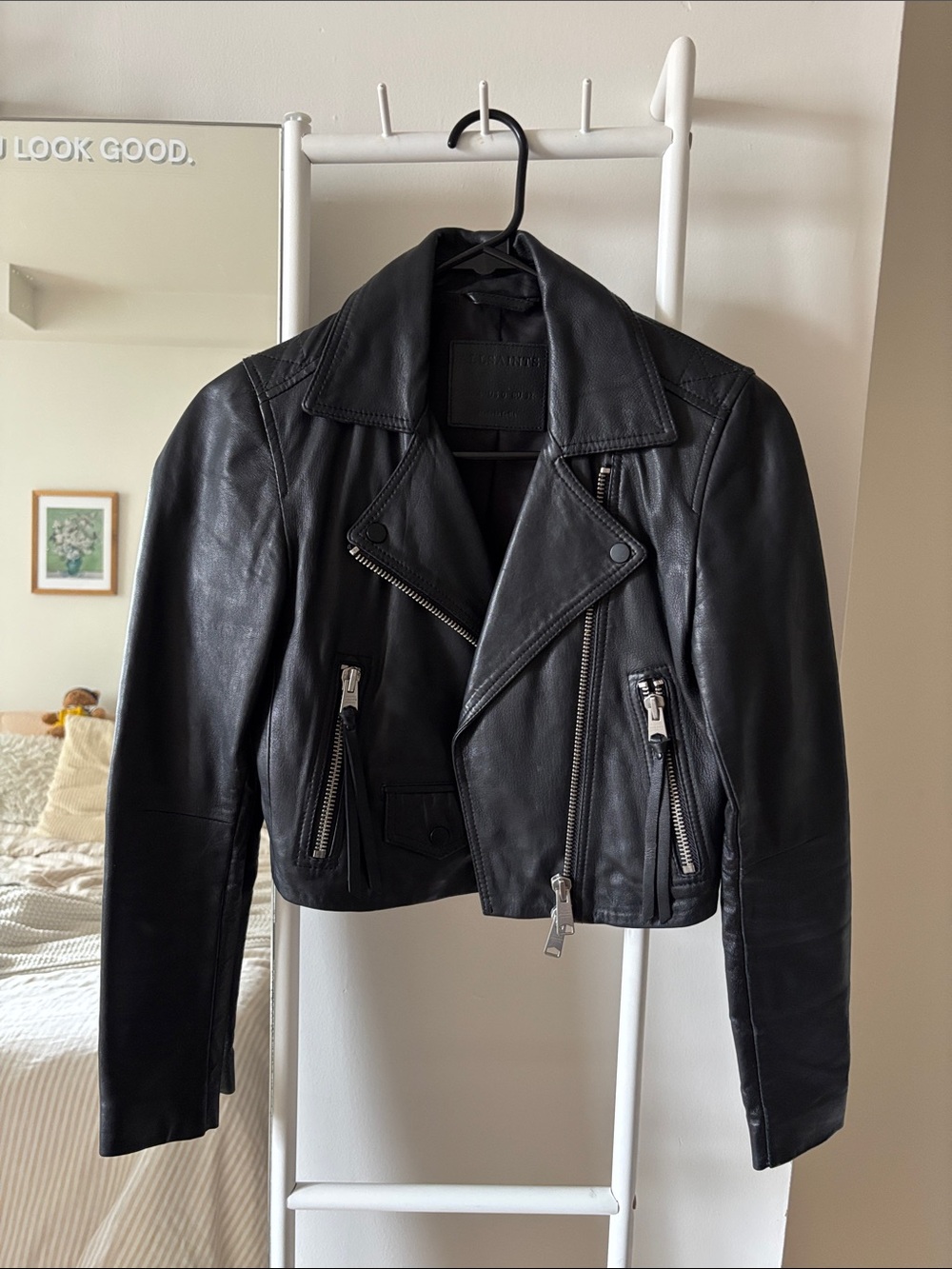 AllSaints Black Leather Moto Jacket with Silver Hardware